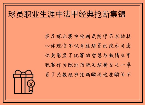 球员职业生涯中法甲经典抢断集锦