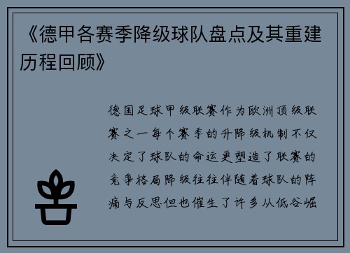 《德甲各赛季降级球队盘点及其重建历程回顾》
